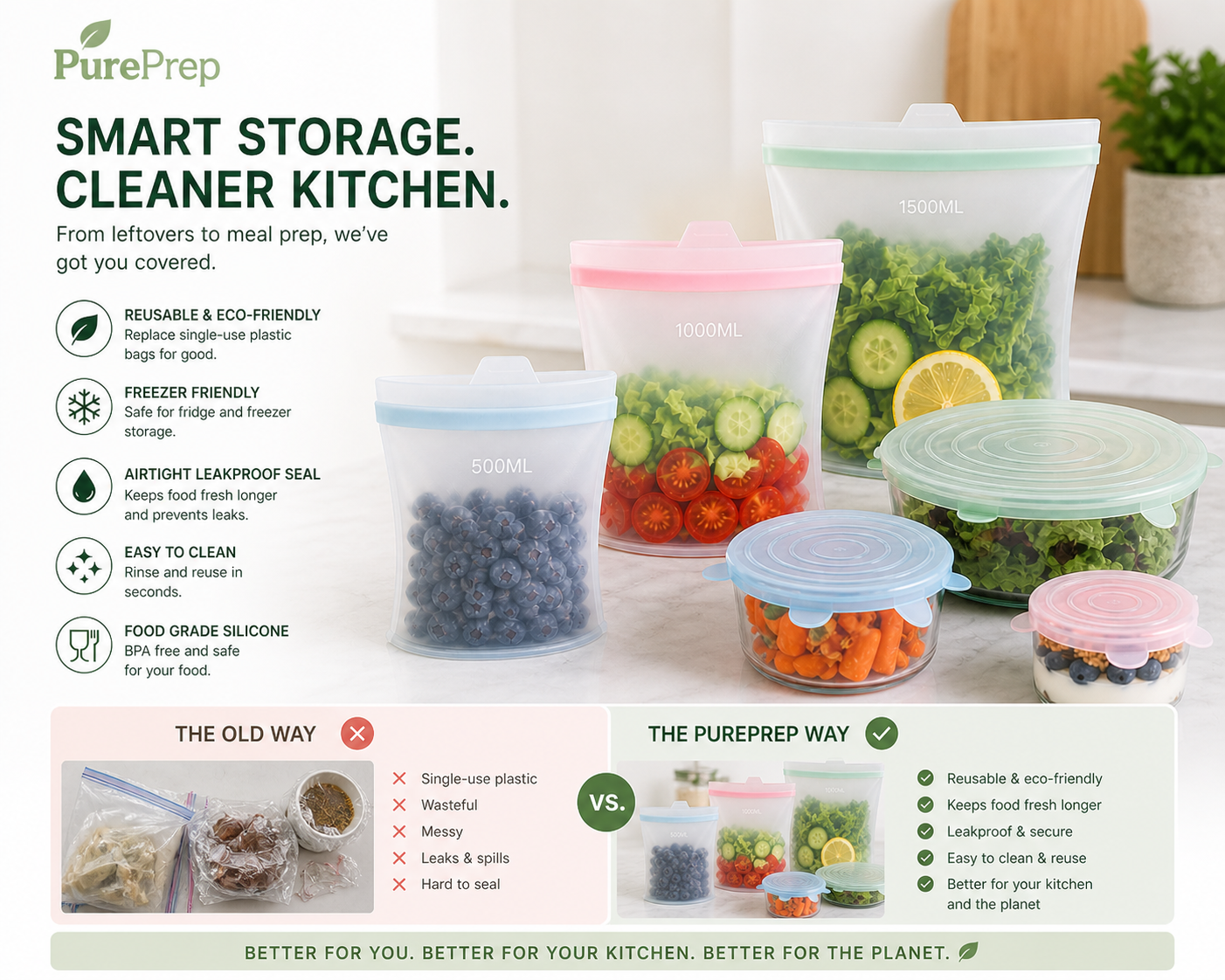 PurePrep™ Silicone Food Storage Bags — 3-Pack