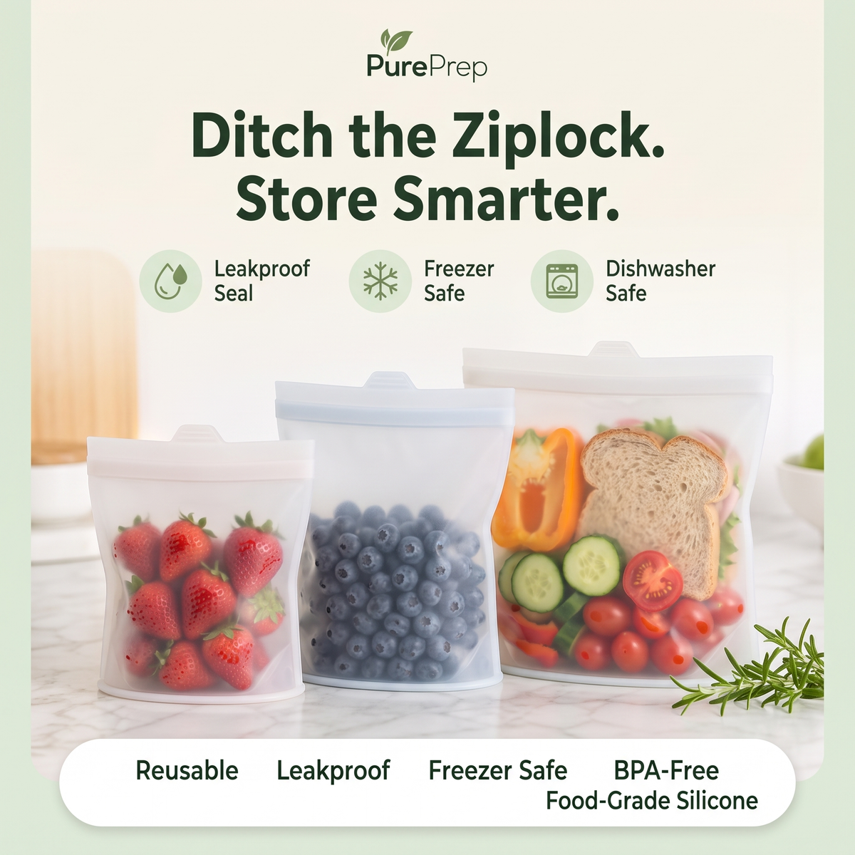 PurePrep™ Silicone Food Storage Bags — 3-Pack