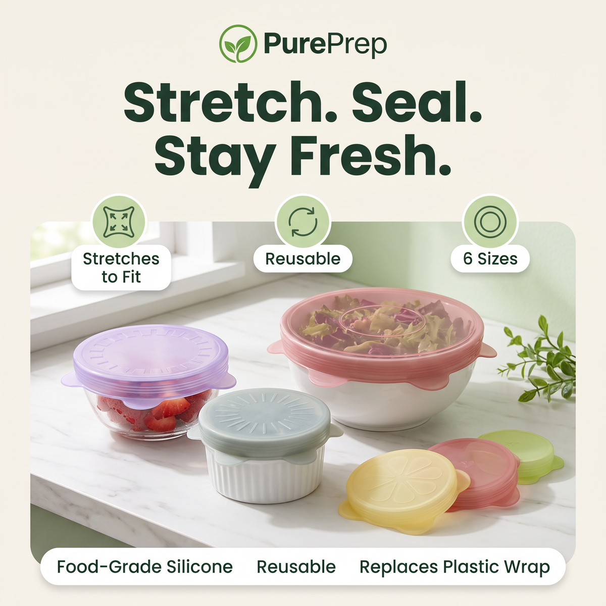 PurePrep™ Flower Stretch Lids — 6 Piece Set