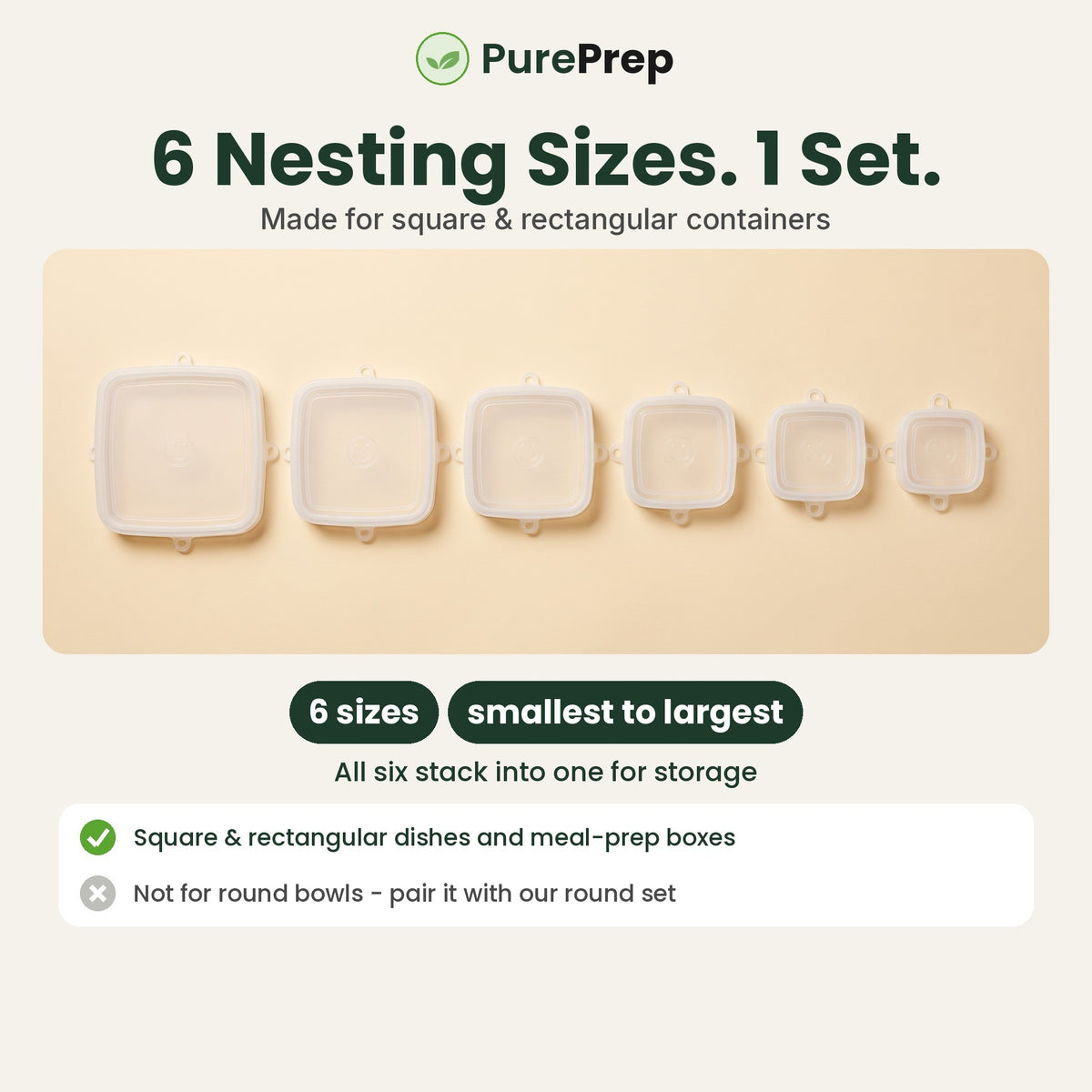 Six nesting square lid sizes for square and rectangular containers