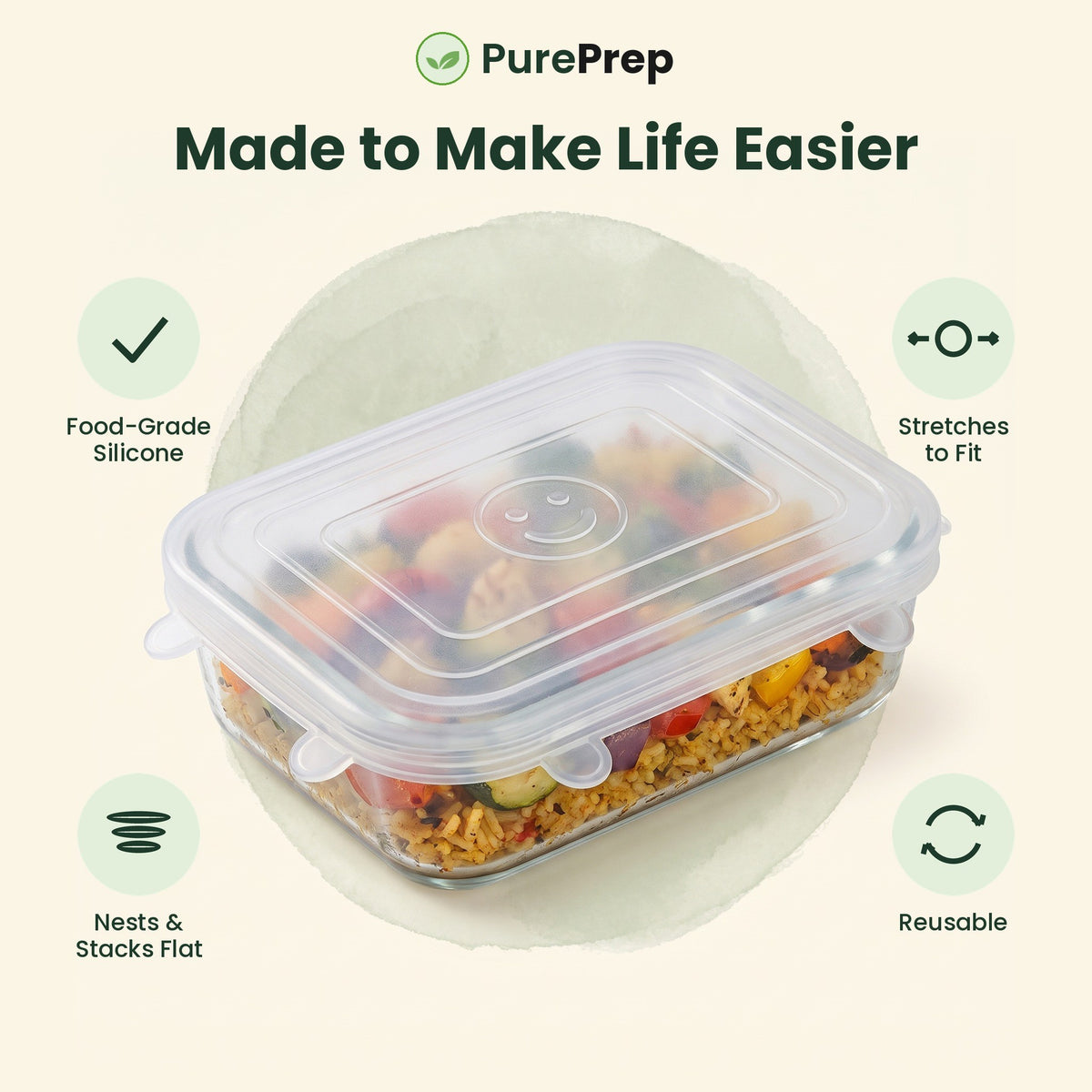 Square stretch lid features: food-grade silicone, stretches to fit, nests flat, reusable