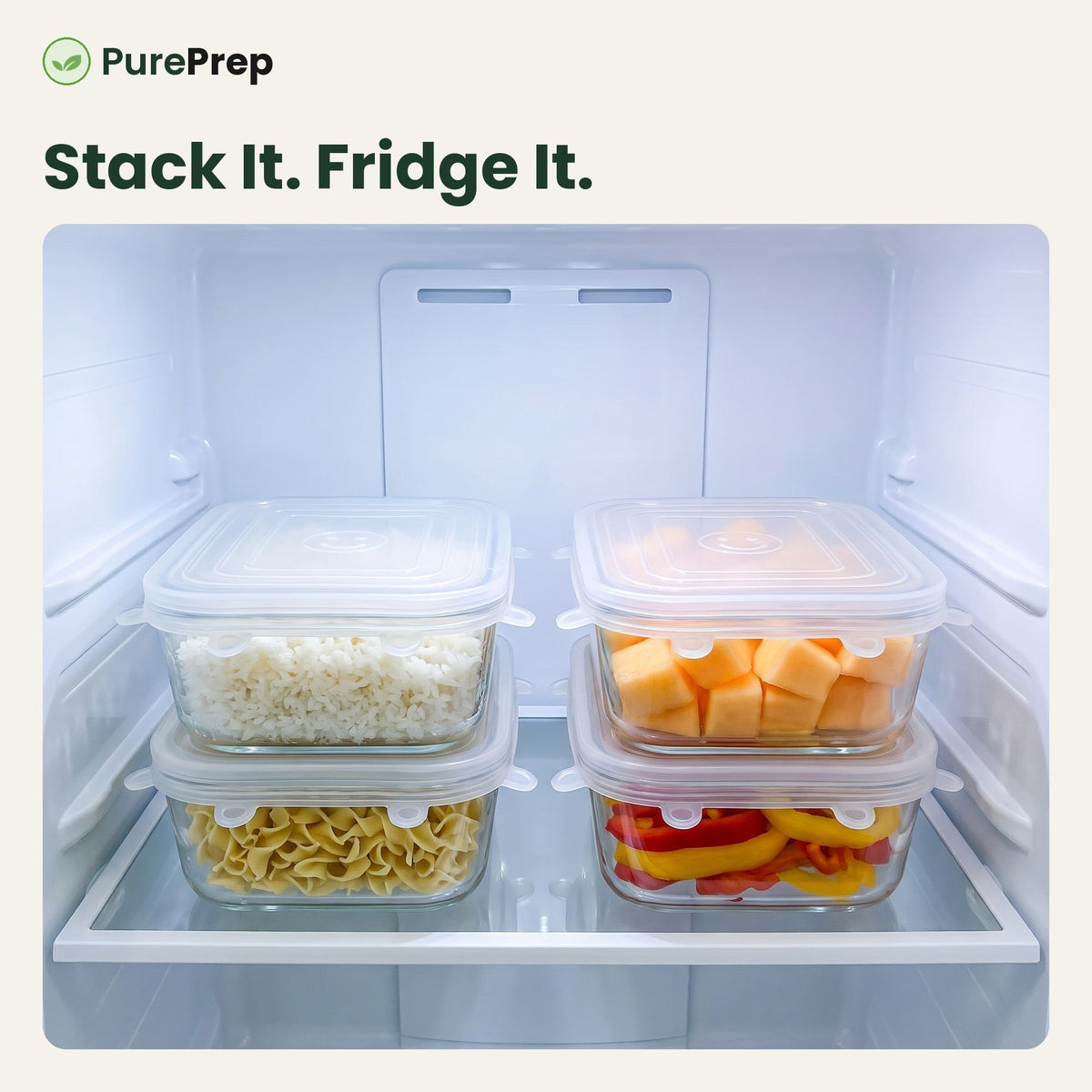 Square-lidded containers stacked in a fridge